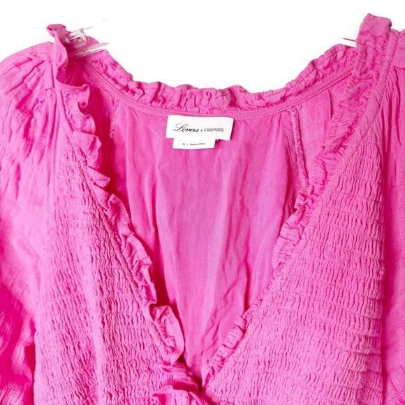 Lovers + Friends Finnegan Hot Pink Fuchsia Smocked Mini Dress V Neck Ruffle XS - Picture 4 of 8